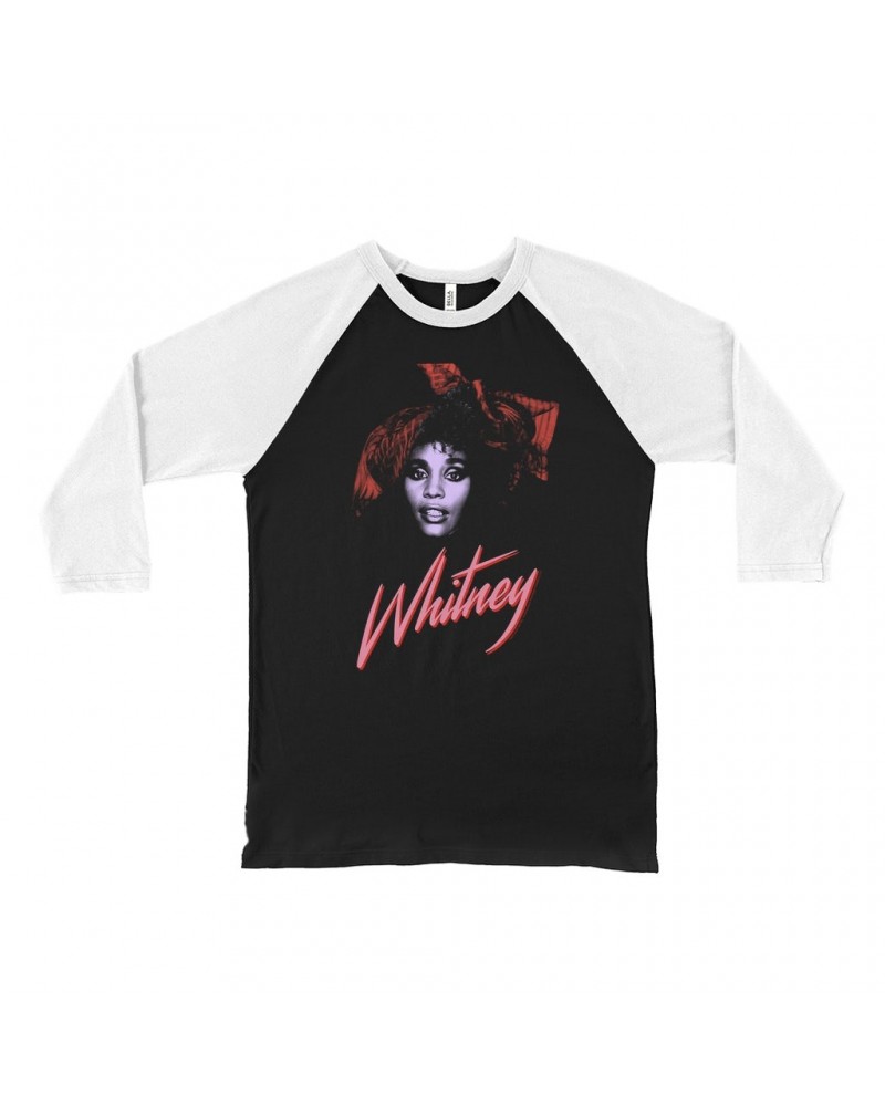 Whitney Houston 3/4 Sleeve Baseball Tee | Purple And Red 1987 Photo Design Shirt $9.17 Shirts