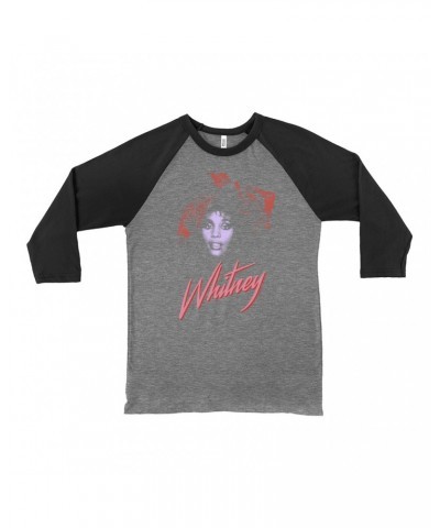 Whitney Houston 3/4 Sleeve Baseball Tee | Purple And Red 1987 Photo Design Shirt $9.17 Shirts